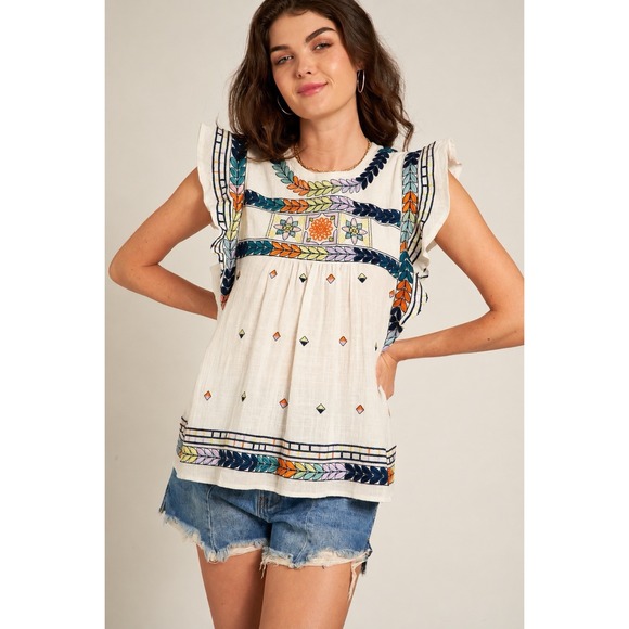 En Créme Tops - En Créme Embroidered Blouse - Women's LARGE- Flutter Sleeves Boho Cottagecore